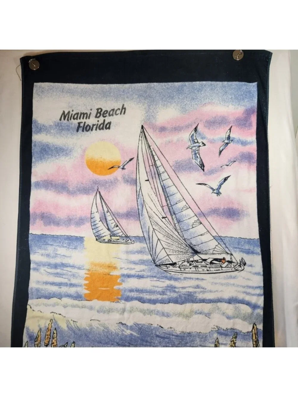 Vintage Sherry Miami Beach Florida Sailboat Sunset Beach Towel Navy Blue 29x57